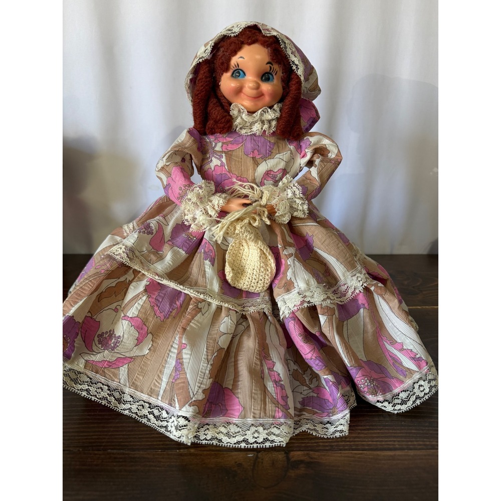 VTG Soap Bottle Plastic Boudoir Doll Pink Floral Dress Bonnet 12 Inch Homemade